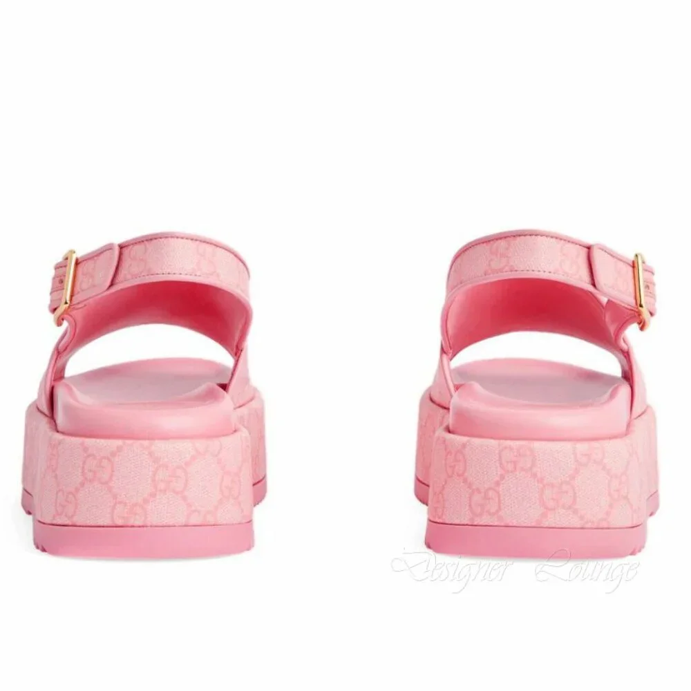 NEW GUCCI Angelina GG Pink Supreme Canvas Slingback Platform Sandals EU 39.5